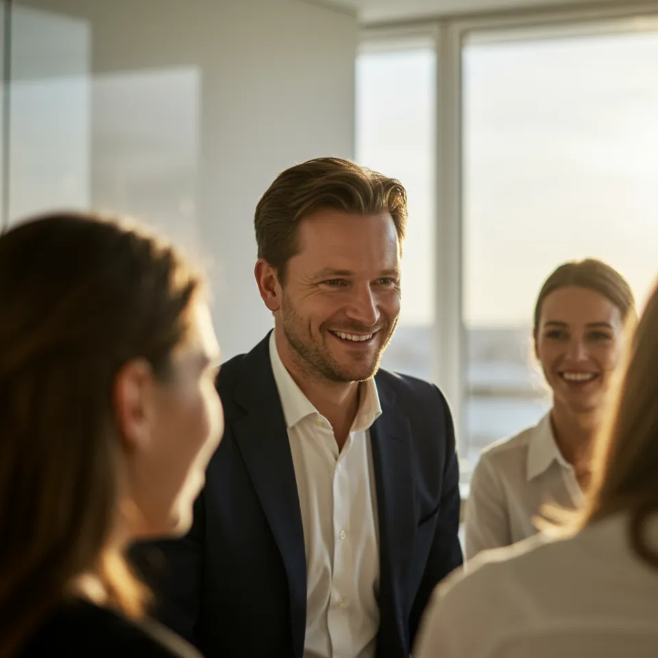 Reunião consultiva entre especialistas e cliente em escritório moderno